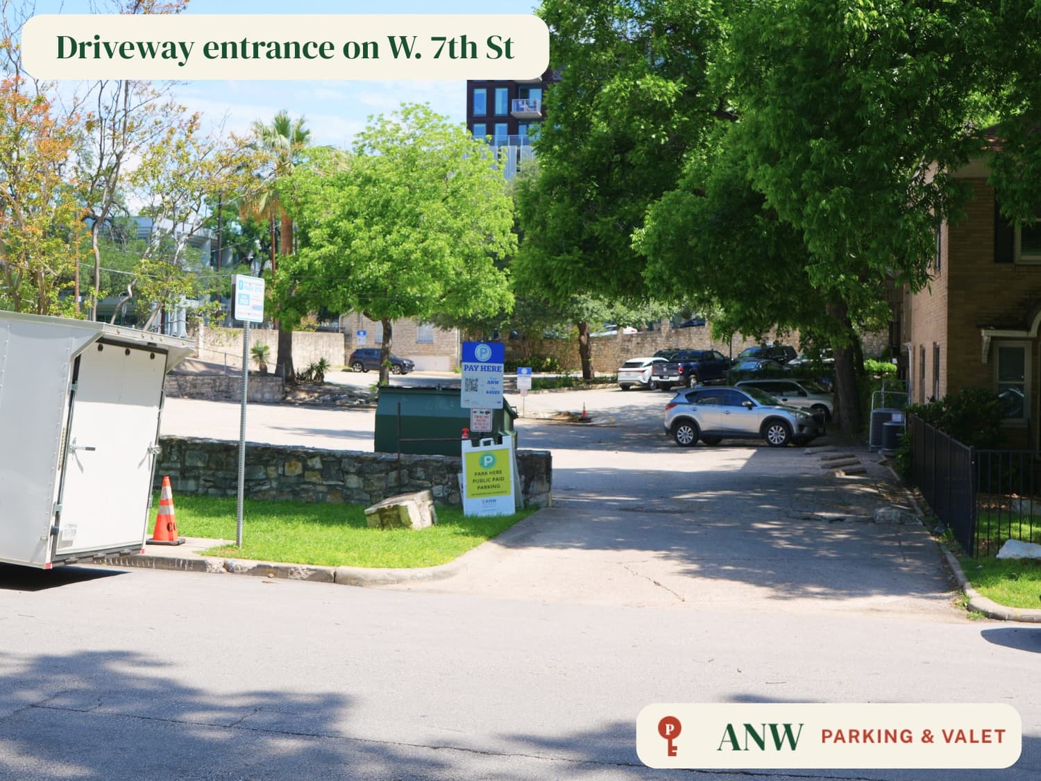 ANW parking lot — driveway entrance on West 7th Street