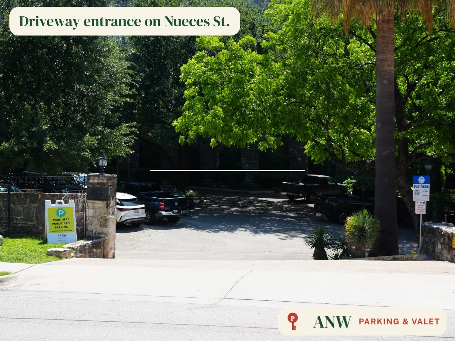 ANW parking lot — driveway entrance on Nueces Street in downtown Austin