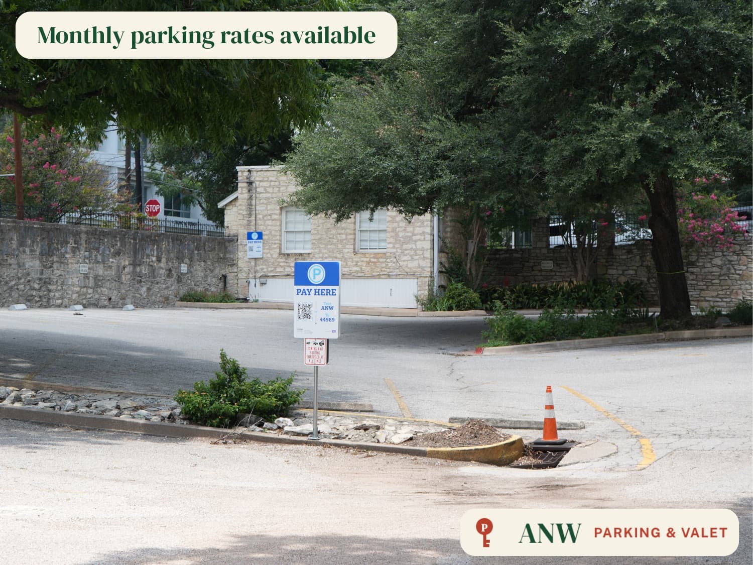 ANW parking lot — monthly parking rates available at 715 Nueces