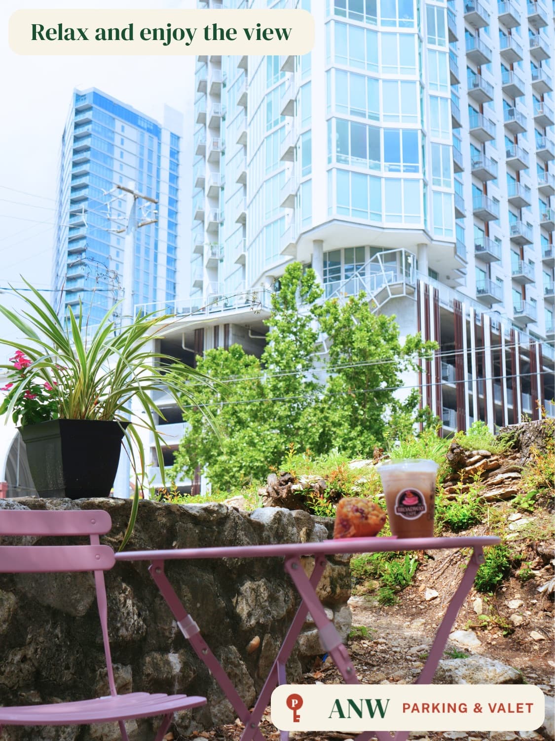 ANW parking lot — outdoor seating with a view of the downtown Austin skyline